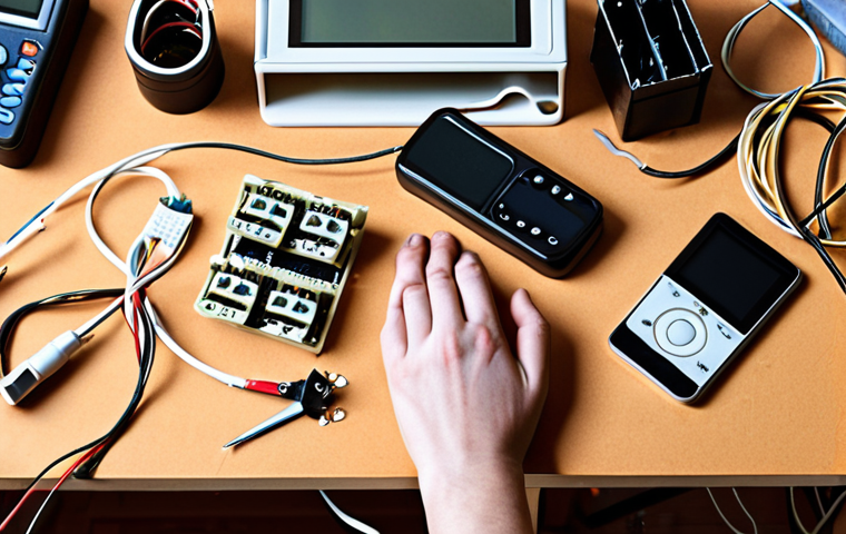 **

A cluttered workbench with various smart home devices scattered around (a disassembled smart thermostat, tangled wires, a frustrated person's hands reaching for a screwdriver). The scene suggests a DIY installation gone wrong. Emphasize the "Saving Money vs. Sacrificing Sanity" theme. Style: realistic, slightly humorous.

**