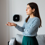 An adult individual in modest casual clothing stands in a modern living room, looking puzzled at a smart thermostat on the wall, their hand slightly raised in a questioning gesture. A smart speaker is visible on a nearby table, and the room lighting appears slightly off, creating a subtle sense of disconnect. The background features clean, contemporary furniture. Professional photography, high quality, studio lighting, fully clothed, modest clothing, appropriate attire, safe for work, perfect anatomy, correct proportions, natural pose, well-formed hands, proper finger count, natural body proportions, appropriate content, family-friendly.