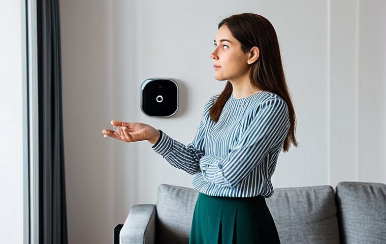An adult individual in modest casual clothing stands in a modern living room, looking puzzled at a smart thermostat on the wall, their hand slightly raised in a questioning gesture. A smart speaker is visible on a nearby table, and the room lighting appears slightly off, creating a subtle sense of disconnect. The background features clean, contemporary furniture. Professional photography, high quality, studio lighting, fully clothed, modest clothing, appropriate attire, safe for work, perfect anatomy, correct proportions, natural pose, well-formed hands, proper finger count, natural body proportions, appropriate content, family-friendly.