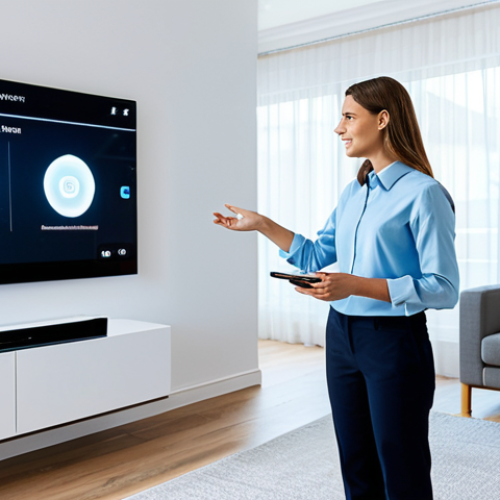 Home 20 A professional adult in a modern, fully clothed, modest business casual outfit, standing in a sophisticated living room integrated with smart home technology. The room features sleek, minimalist design with subtle smart displays and ambient lighting, showcasing seamless connectivity and innovative features. The person is interacting with a transparent holographic interface or a large smart display, reflecting the integration of different smart home ecosystems. The scene is bright and well-lit, emphasizing a futuristic yet inviting atmosphere. Safe for work, appropriate content, fully clothed, professional, perfect anatomy, correct proportions, well-formed hands, natural body proportions, natural pose, high-quality photograph.