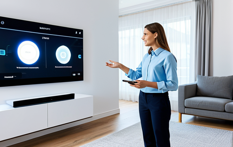 A professional adult in a modern, fully clothed, modest business casual outfit, standing in a sophisticated living room integrated with smart home technology. The room features sleek, minimalist design with subtle smart displays and ambient lighting, showcasing seamless connectivity and innovative features. The person is interacting with a transparent holographic interface or a large smart display, reflecting the integration of different smart home ecosystems. The scene is bright and well-lit, emphasizing a futuristic yet inviting atmosphere. Safe for work, appropriate content, fully clothed, professional, perfect anatomy, correct proportions, well-formed hands, natural body proportions, natural pose, high-quality photograph.