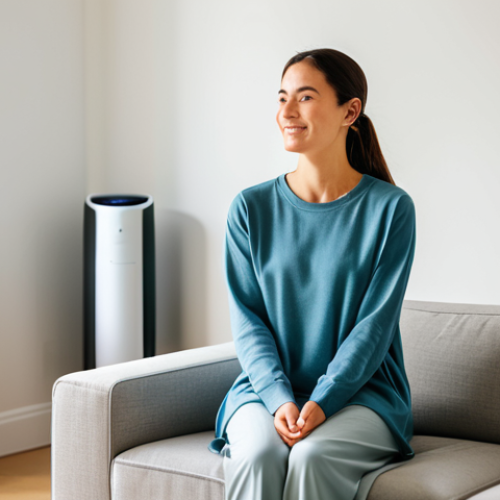Home 9 A professional woman in modest, comfortable loungewear, enjoying a brightly lit, minimalist smart home living room. A sleek smart air purifier is visible, and the room is bathed in the warm, gentle glow of circadian lighting, creating a serene and healthy atmosphere. She has a peaceful expression, reflecting the calm environment. Perfect anatomy, correct proportions, natural pose, well-formed hands, proper finger count. Professional photography, high quality, realistic, inviting atmosphere. Fully clothed, appropriate attire, safe for work, family-friendly content.