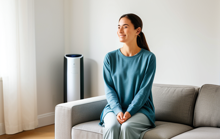 A professional woman in modest, comfortable loungewear, enjoying a brightly lit, minimalist smart home living room. A sleek smart air purifier is visible, and the room is bathed in the warm, gentle glow of circadian lighting, creating a serene and healthy atmosphere. She has a peaceful expression, reflecting the calm environment. Perfect anatomy, correct proportions, natural pose, well-formed hands, proper finger count. Professional photography, high quality, realistic, inviting atmosphere. Fully clothed, appropriate attire, safe for work, family-friendly content.