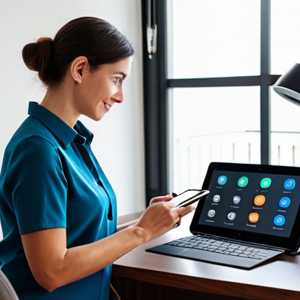 A professional woman, fully clothed in a modest business casual outfit, sits at a sleek modern desk in a well-lit home office. She holds a tablet, looking at an app displaying smart home device costs, with a subtle, graphic overlay hinting at recurring subscription fees. On the desk, a minimalist smart speaker and a smart thermostat are visible. The room has neutral, clean decor, emphasizing financial transparency and planning. safe for work, appropriate content, fully clothed, professional, perfect anatomy, correct proportions, natural pose, well-formed hands, proper finger count, professional photography, high quality.