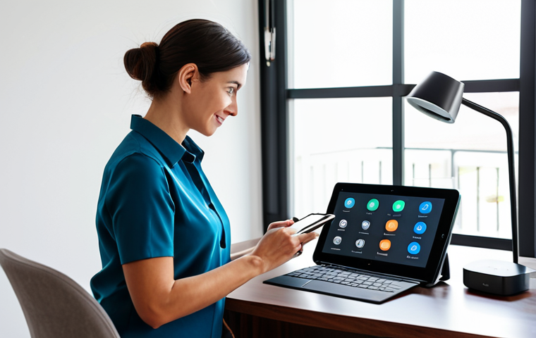 A professional woman, fully clothed in a modest business casual outfit, sits at a sleek modern desk in a well-lit home office. She holds a tablet, looking at an app displaying smart home device costs, with a subtle, graphic overlay hinting at recurring subscription fees. On the desk, a minimalist smart speaker and a smart thermostat are visible. The room has neutral, clean decor, emphasizing financial transparency and planning. safe for work, appropriate content, fully clothed, professional, perfect anatomy, correct proportions, natural pose, well-formed hands, proper finger count, professional photography, high quality.