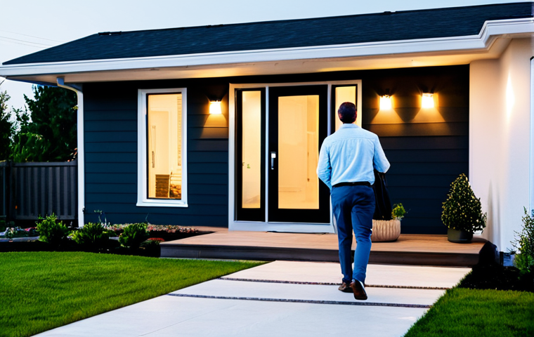 Smart Home Security**

"A modern, family-friendly home exterior at dusk, showcasing a smart doorbell with a video camera, fully clothed people walking towards the door, well-lit porch with automatic lights, professional security system sign visible in the yard, appropriate content, safe for work, perfect anatomy, correct proportions, natural pose, professional photography, high quality, family-friendly, fully clothed, modest setting."

**