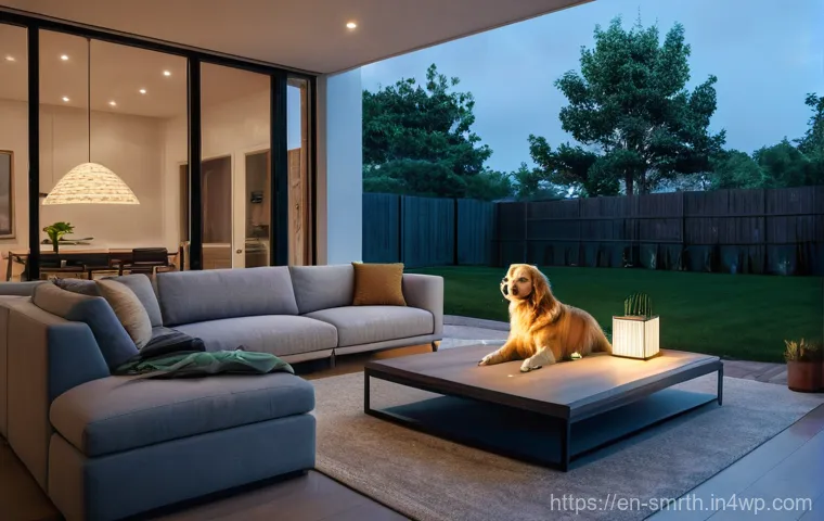 스마트홈 시스템과 가정에서의 안전 - **Prompt 1: Remote Monitoring and Peace of Mind**
    A modern living room at dusk, bathed in warm, ...