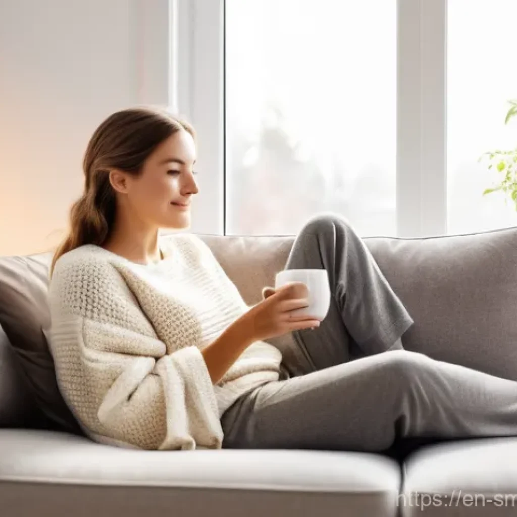 스마트홈 기기 성능 비교  소비자 가이드 - **Smart Thermostat Comfort Scene:** A bright, cozy living room on a slightly chilly day. A young wom...