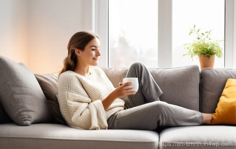 스마트홈 기기 성능 비교  소비자 가이드 - **Smart Thermostat Comfort Scene:** A bright, cozy living room on a slightly chilly day. A young wom...