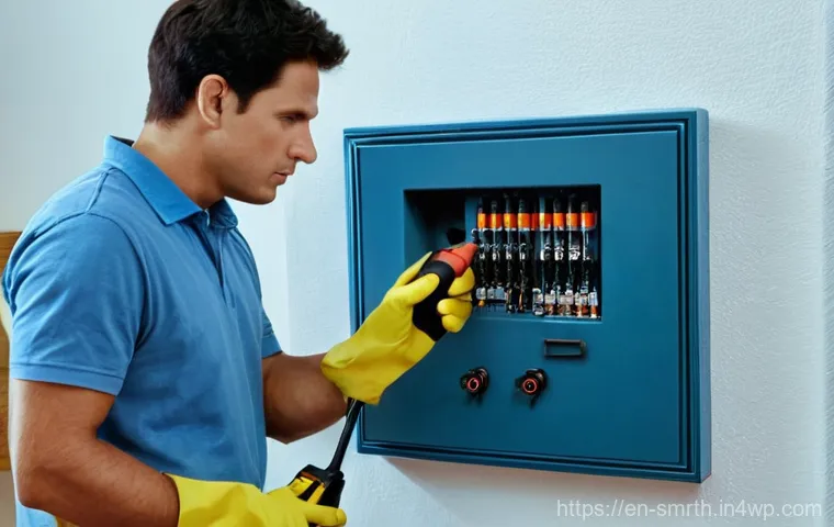 스마트홈 시스템의 설치 시 안전 주의사항 - **Prompt 1: Electrical Safety First**
    "A wide, well-lit shot of an adult individual, either male...