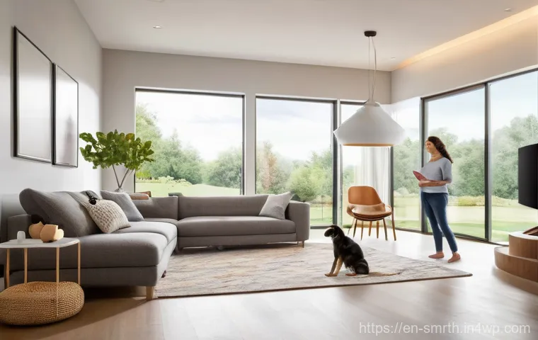 스마트홈 시스템 구축을 위한 필수 장비 - **Smart Home Hub: Family Connection & Ease**
    A high-definition, realistic image of a modern, inv...