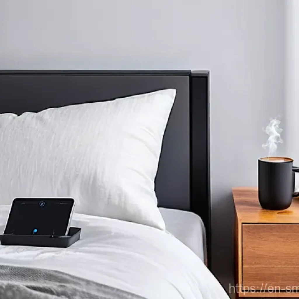 스마트홈 기기와 빅데이터의 활용 사례 - **Prompt:** A cozy, modern bedroom bathed in soft, warm light as a person (age 20s-30s, wearing comf...