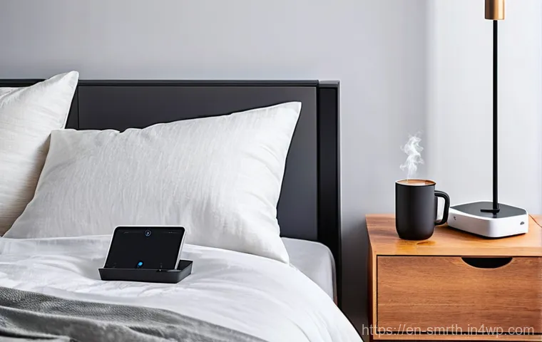 스마트홈 기기와 빅데이터의 활용 사례 - **Prompt:** A cozy, modern bedroom bathed in soft, warm light as a person (age 20s-30s, wearing comf...