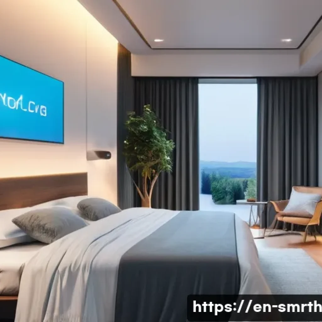 스마트홈 제품의 선정 기준 - **"A serene, modern bedroom scene at dawn. Smart lighting in the ceiling and a bedside lamp are grad...