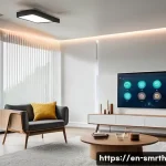 스마트홈 시스템에서의 분산형 네트워크 - A modern smart home interior showcasing a distributed smart home network in action: multiple smart d...