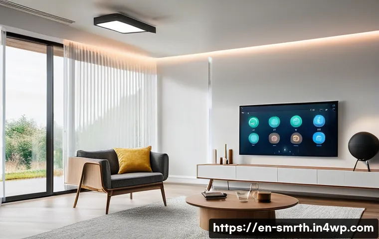 스마트홈 시스템에서의 분산형 네트워크 - A modern smart home interior showcasing a distributed smart home network in action: multiple smart d...