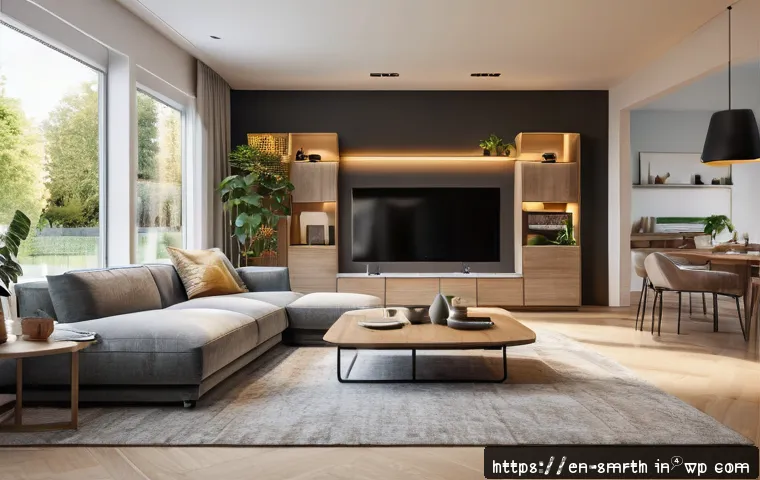 스마트홈 시스템의 원활한 운영을 위한 팁 - A modern living room showcasing a fully integrated smart home eco