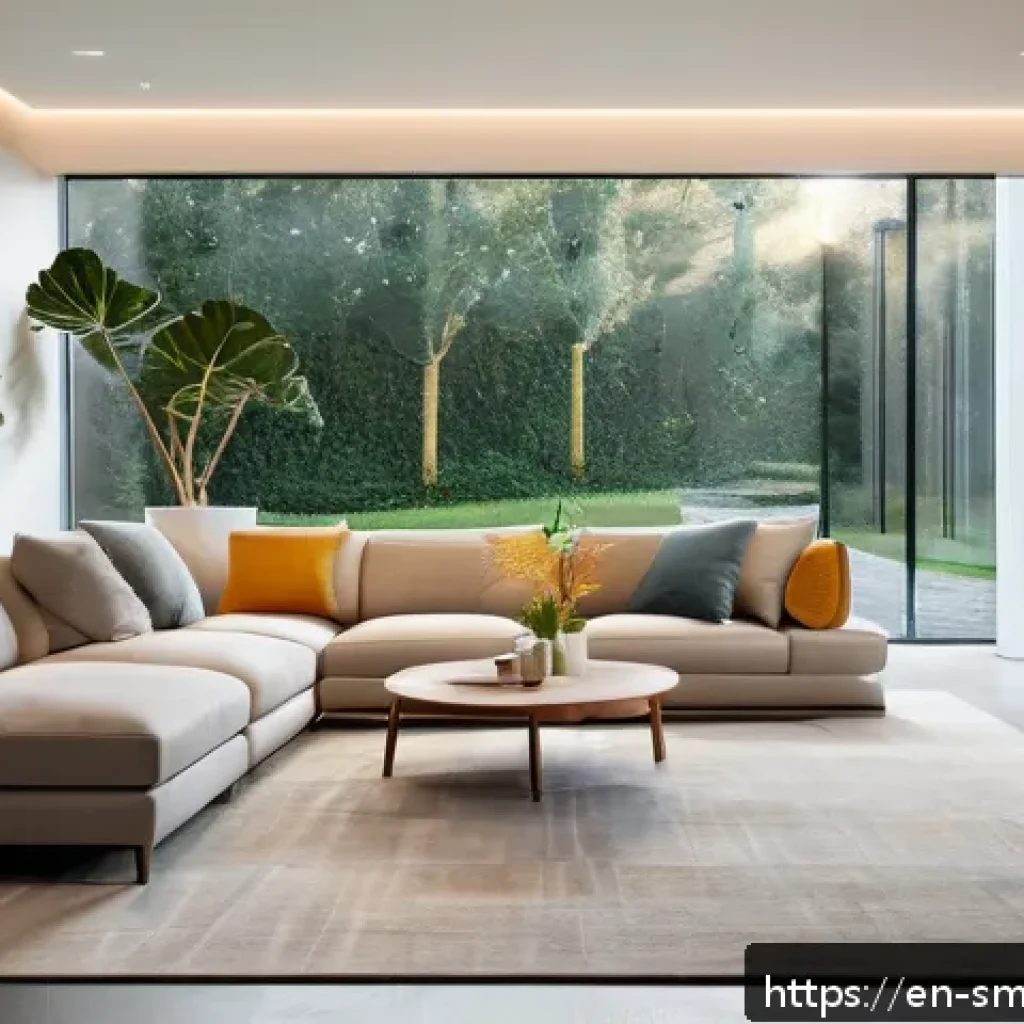 스마트홈 기술과 생활의 변화 - A modern, stylish living room illuminated by smart adaptive lighting that changes color temperature ...