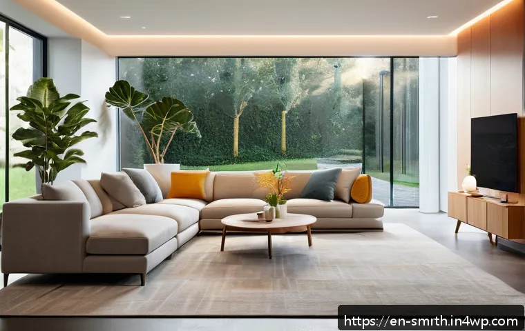 스마트홈 기술과 생활의 변화 - A modern, stylish living room illuminated by smart adaptive lighting that changes color temperature ...