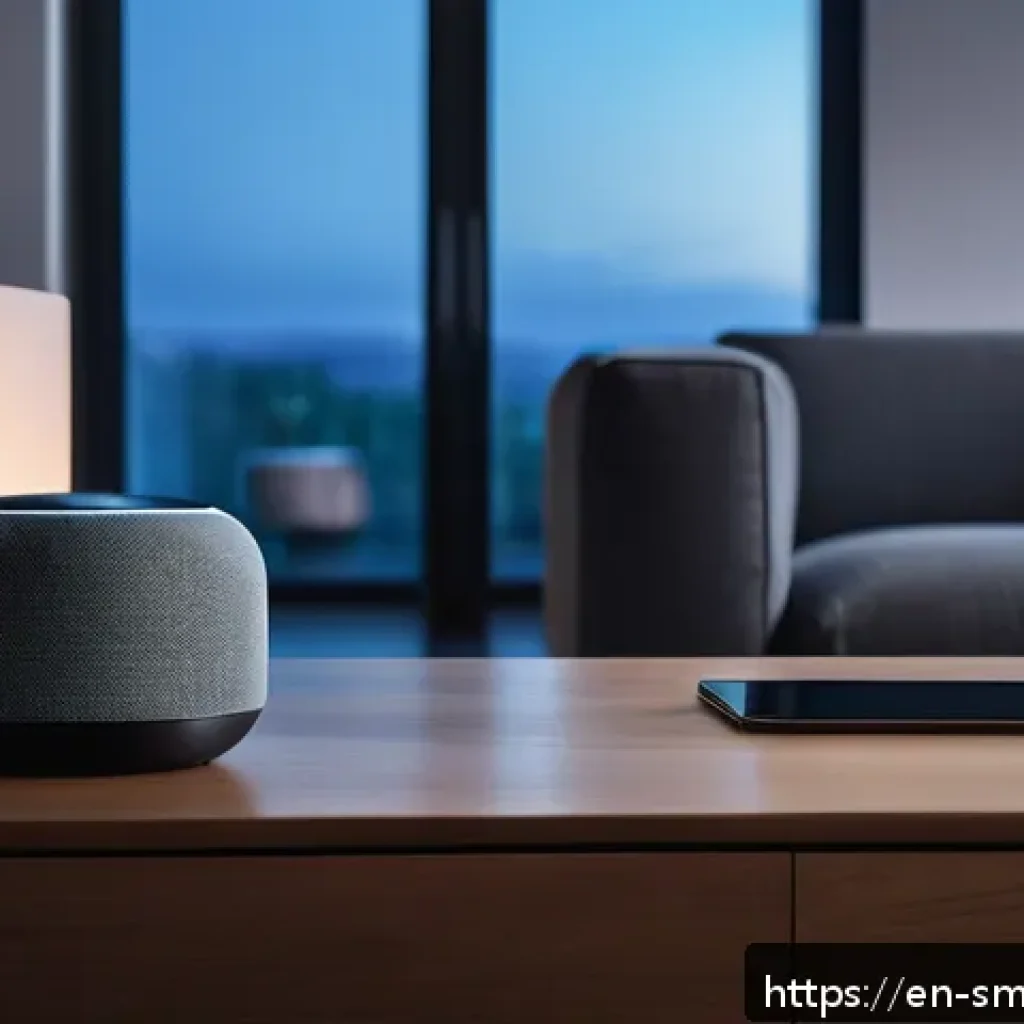 스마트홈 기기와 데이터 프라이버시 - A modern smart home living room scene at dusk, featuring a sleek smart speaker on a side table with ...