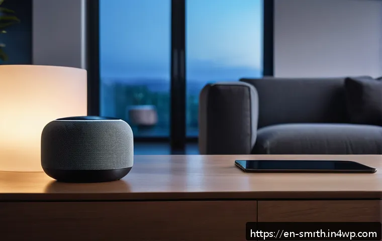 스마트홈 기기와 데이터 프라이버시 - A modern smart home living room scene at dusk, featuring a sleek smart speaker on a side table with ...