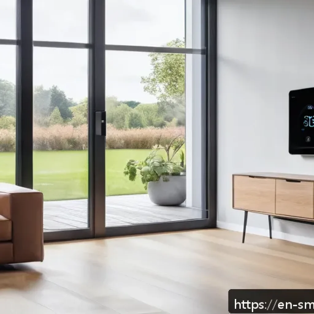 스마트홈 기기의 지속 가능성 - A modern living room interior featuring a sleek smart thermostat mounted on the wall, with a digital...
