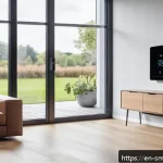 스마트홈 기기의 지속 가능성 - A modern living room interior featuring a sleek smart thermostat mounted on the wall, with a digital...