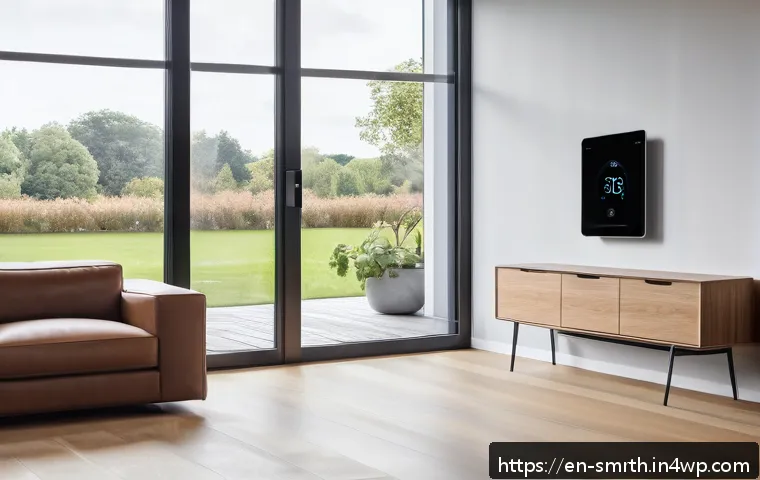 스마트홈 기기의 지속 가능성 - A modern living room interior featuring a sleek smart thermostat mounted on the wall, with a digital...
