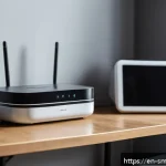 스마트홈 시스템의 고장 원인 분석 - A modern smart home living room scene illustrating Wi-Fi interference: a sleek router placed near th...