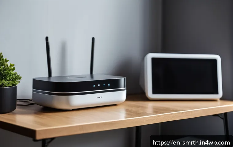 스마트홈 시스템의 고장 원인 분석 - A modern smart home living room scene illustrating Wi-Fi interference: a sleek router placed near th...