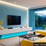 스마트홈 시스템의 미래 전망 - A modern living room bathed in soft, adaptive lighting that shifts colors from calming blues to ener...