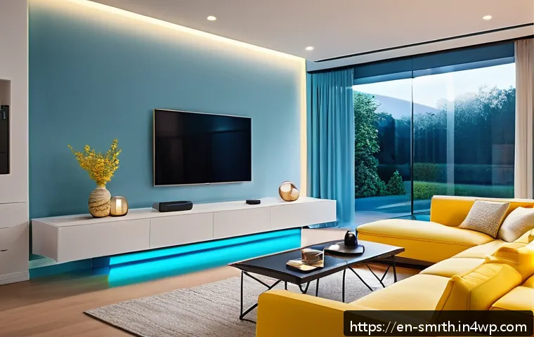 스마트홈 시스템의 미래 전망 - A modern living room bathed in soft, adaptive lighting that shifts colors from calming blues to ener...