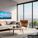 스마트홈 시스템의 패턴 인식 기술 - A modern living room with adaptive smart lighting that automatically adjusts brightness and color te...