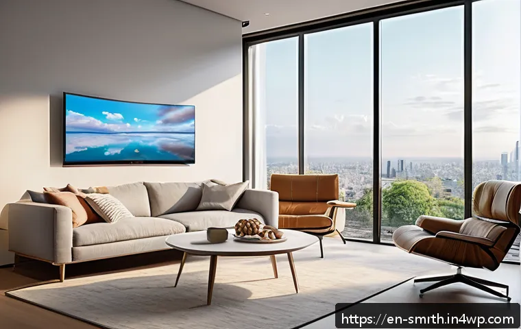 스마트홈 시스템의 패턴 인식 기술 - A modern living room with adaptive smart lighting that automatically adjusts brightness and color te...