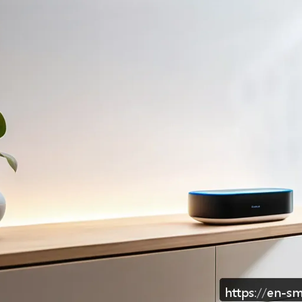 스마트홈 시스템에서의 사용자 교육 - A modern smart home living room interior showcasing a sleek mesh Wi-Fi router centrally placed on a ...