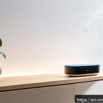 스마트홈 시스템에서의 사용자 교육 - A modern smart home living room interior showcasing a sleek mesh Wi-Fi router centrally placed on a ...
