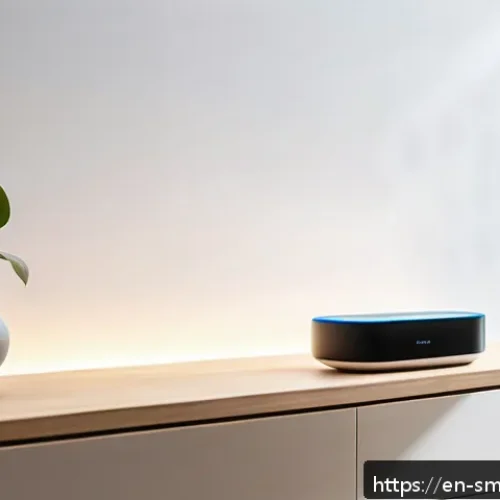 스마트홈 시스템에서의 사용자 교육 - A modern smart home living room interior showcasing a sleek mesh Wi-Fi router centrally placed on a ...