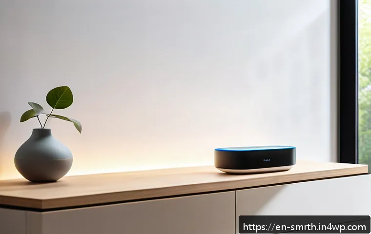 스마트홈 시스템에서의 사용자 교육 - A modern smart home living room interior showcasing a sleek mesh Wi-Fi router centrally placed on a ...