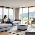 스마트홈 기기 사용으로 인한 개선 사항 - A modern, cozy living room featuring a family using voice-controlled smart home devices: a woman sit...