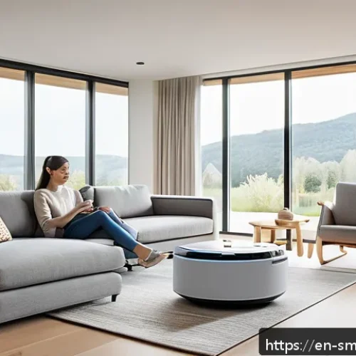 스마트홈 기기 사용으로 인한 개선 사항 - A modern, cozy living room featuring a family using voice-controlled smart home devices: a woman sit...