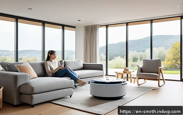 스마트홈 기기 사용으로 인한 개선 사항 - A modern, cozy living room featuring a family using voice-controlled smart home devices: a woman sit...