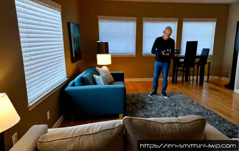 스마트홈 기기의 혁신적 기능 - Photorealistic modern American living room at early evening, a middle-aged homeowner calmly using a ...