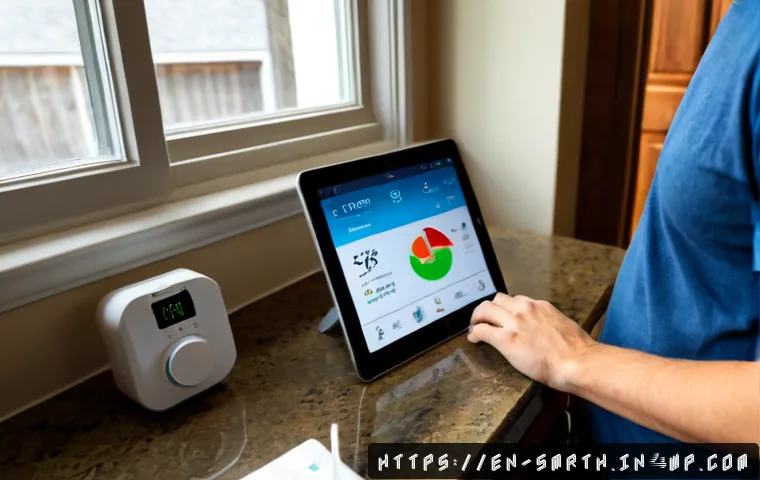 스마트홈 제품의 에너지 효율성 평가 - Photorealistic modern American home kitchen at early morning, a smart thermostat, smart plug with a ...