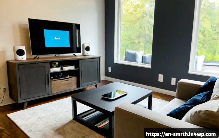 스마트홈 시스템의 장애물 극복하기 - Photorealistic modern American living room during a brief smart home connectivity outage, middle-age...