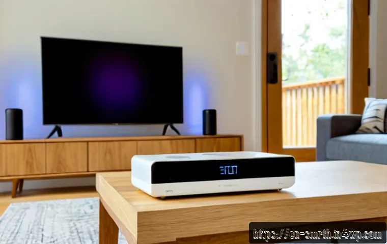 Home 17 스마트홈 제품 가격 비교 및 추천 - Photorealistic modern American living room with a neatly arranged smart home product comparison setu...