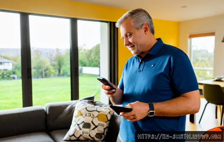 Home 17 스마트홈 기기를 활용한 에너지 관리 - Photorealistic modern American living room at golden morning light, a middle-aged homeowner in casua...