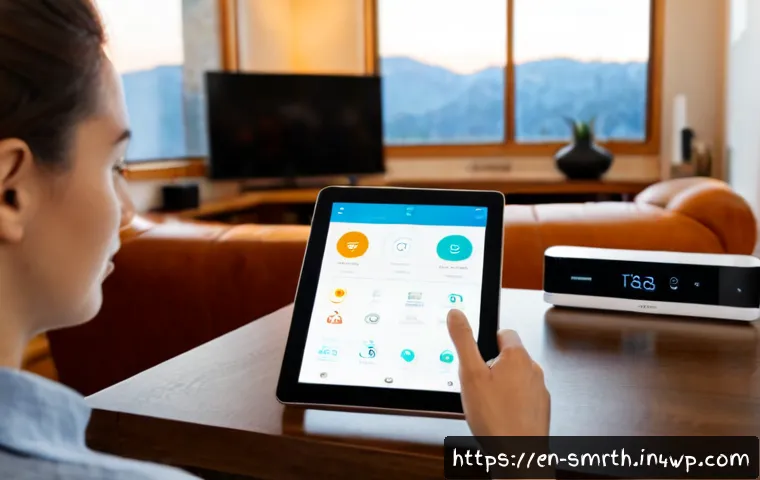 스마트홈 기기의 성능 향상 방법 - Photorealistic modern American living room with a homeowner using a tablet to optimize a smart home ...